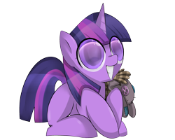 Size: 2664x2128 | Tagged: safe, artist:prozenconns, character:smarty pants, character:twilight sparkle, species:pony, female, filly, filly twilight sparkle, grin, happy, high res, hug, prone, simple background, smiling, solo, squee, transparent background, younger