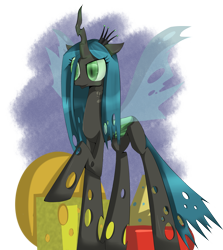 Size: 2681x3000 | Tagged: safe, artist:prozenconns, character:queen chrysalis, species:changeling, changeling queen, cheese, female, frown, high res, raised hoof, simple background, solo, standing, transparent background