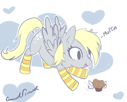 Size: 983x791 | Tagged: safe, artist:caramelflower, character:derpy hooves, species:pegasus, species:pony, clothing, female, happy, mare, muffin, socks, solo, striped socks, that pony sure does love muffins