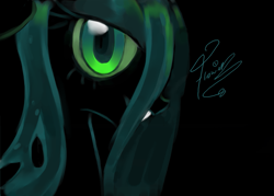 Size: 1111x796 | Tagged: dead source, safe, artist:caramelflower, character:queen chrysalis, species:changeling, black background, bust, changeling queen, fangs, female, looking at you, signature, simple background, smiling, solo
