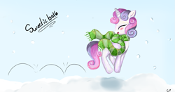 Size: 1393x731 | Tagged: safe, artist:caramelflower, character:sweetie belle, clothing, happy, scarf