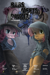 Size: 3317x4961 | Tagged: safe, artist:rouletteobsidian, character:babs seed, character:pinkie pie, species:pony, babs the rapper, bipedal, clothing, exploitable meme, image macro, meme, movie poster, rapper pie