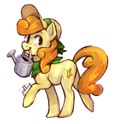 Size: 880x955 | Tagged: safe, artist:johling, character:carrot top, character:golden harvest, species:earth pony, species:pony, bandana, clothing, female, gardening, hat, mouth hold, simple background, solo, sun hat, transparent background, watering can