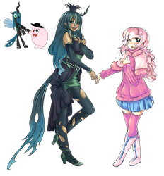 Size: 2600x2800 | Tagged: safe, artist:magico-enma, character:queen chrysalis, oc, oc:fluffle puff, species:changeling, species:human, ship:chrysipuff, canon x oc, changeling queen, clothing, cute, cutealis, flufflebetes, goth, hat, high res, horned humanization, humanized, pose, shipping, simple background, sombrero, stockings, tailed humanization, tongue out, transparent background, wink