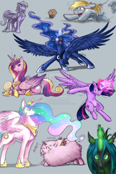 Size: 1024x1536 | Tagged: dead source, safe, artist:oblivionheart13, character:derpy hooves, character:princess cadance, character:princess celestia, character:princess luna, character:queen chrysalis, character:twilight sparkle, character:twilight sparkle (alicorn), oc, oc:fluffle puff, species:alicorn, species:pony, alicornified, angry, deviantart watermark, female, flufflecorn, glowing eyes, glowing horn, magic, mare, muffin, obtrusive watermark, open mouth, race swap, sketch dump, watermark