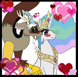 Size: 1929x1904 | Tagged: dead source, safe, artist:garfield141992, character:discord, character:princess celestia, species:alicorn, species:draconequus, species:pony, ship:dislestia, :o, blushing, crown, cute, cutelestia, discute, eyes closed, female, folded wings, heart, jewelry, male, mare, necklace, nuzzling, regalia, shipping, sitting, smiling, straight, surprised, wings