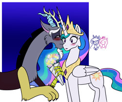 Size: 2262x1892 | Tagged: safe, artist:garfield141992, character:discord, character:princess cadance, character:princess celestia, character:princess luna, ship:dislestia, :o, angry, blushing, bouquet, cute, discute, female, flower, kiss on the cheek, kissing, male, observer, open mouth, shipping, smiling, straight, surprise kiss, surprised, wide eyes
