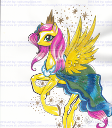 Size: 1024x1177 | Tagged: safe, artist:alaer, character:fluttershy, clothing, dress, female, obtrusive watermark, solo, traditional art, watermark