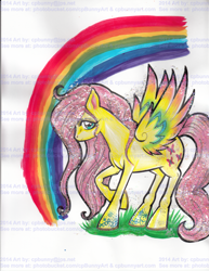 Size: 1533x1987 | Tagged: safe, artist:alaer, character:fluttershy, female, obtrusive watermark, rainbow, solo, traditional art, watermark