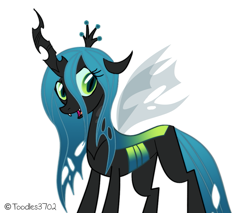 Size: 981x835 | Tagged: safe, artist:toodles3702, character:queen chrysalis, species:changeling, species:pony, changeling queen, fangs, female, frown, mare, open mouth, signature, simple background, smiling, solo, standing, white background