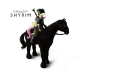 Size: 1280x800 | Tagged: safe, artist:poniker, character:fluttershy, dovahshy, horse-pony interaction, ponies riding horses, riding, shadowmere, skyrim, the elder scrolls