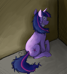 Size: 900x1000 | Tagged: dead source, safe, artist:rosewhistle, character:twilight sparkle, character:twilight sparkle (unicorn), species:pony, species:unicorn, creepy, creepy smile, female, looking at you, looking back, looking back at you, mare, smiling, solo, twilight snapple