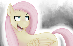 Size: 800x500 | Tagged: safe, artist:rosewhistle, character:fluttershy, dreamworks face, female, flutterbitch, solo