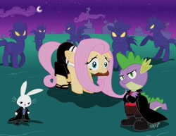 Size: 1200x925 | Tagged: safe, artist:scruffytoto, character:angel bunny, character:fluttershy, character:spike, angel (buffyverse), buffy the vampire slayer, namesake, pun, spike (buffyverse), vampire, vampony