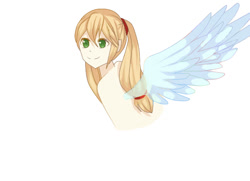 Size: 569x411 | Tagged: safe, artist:mori, character:applejack, species:human, fanfic:those blue wings, female, humanized, pixiv, ponytail, solo, winged humanization