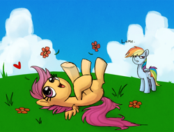Size: 1000x756 | Tagged: safe, artist:adailey, character:rainbow dash, character:scootaloo, species:pegasus, species:pony, g4, cloud, cute, cutealoo, dialogue, female, filly, flower, grass, mare, on back, rainbow dash is not amused, sky, unamused, young