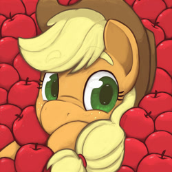 Size: 1000x1000 | Tagged: safe, artist:inkwel-mlp, character:applejack, apple, cute, female, pile, portrait, solo, that pony sure does love apples