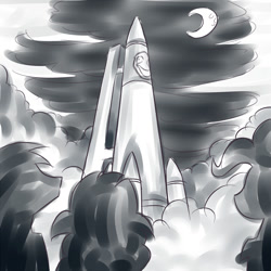 Size: 1024x1024 | Tagged: safe, artist:sonicdramon, grayscale, monochrome, moon, rocket, to the moon