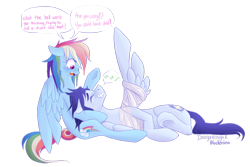 Size: 1024x686 | Tagged: safe, artist:dragonfox_girl, artist:flower-power-love, character:rainbow dash, character:soarin', ship:soarindash, episode:rainbow falls, g4, my little pony: friendship is magic, bandage, blushing, crying, cute, dialogue, eyes closed, female, injured, laughing, lying down, male, on side, shipping, simple background, sitting, smiling, spread wings, straight, transparent background, wings, worried