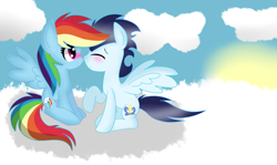 Size: 1024x610 | Tagged: safe, artist:sparkle-bliss, character:rainbow dash, character:soarin', ship:soarindash, blushing, boop, cloud, cloudy, eyes closed, female, male, nervous, noseboop, nuzzling, raised hoof, shipping, sitting, sky, smiling, spread wings, straight, sun, wings