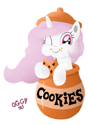 Size: 850x1200 | Tagged: safe, artist:oggynka, character:princess celestia, :t, cewestia, cookie, cookie jar, cookie jar pony, cute, eating, female, filly, leaning, looking at you, puffy cheeks, smiling, solo, wink