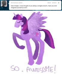 Size: 500x600 | Tagged: safe, artist:dilemarex, character:twilight sparkle, character:twilight sparkle (alicorn), species:alicorn, species:pony, ask, ask twilight sparkle, hilarious in hindsight, race swap