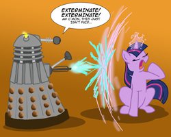 Size: 1000x800 | Tagged: safe, artist:the_gneech, part of a set, character:twilight sparkle, character:twilight sparkle (unicorn), species:pony, species:unicorn, adobe imageready, bored, crossover, dalek, dialogue, doctor who, exterminate, eyes closed, female, force field, glowing horn, gradient background, magic, mare, open mouth, sitting, yawn