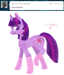 Size: 853x1002 | Tagged: safe, artist:dilemarex, character:twilight sparkle, ask, ask twilight sparkle, clothing, socks
