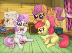 Size: 1920x1430 | Tagged: safe, artist:yutoraru, character:apple bloom, character:scootaloo, character:sweetie belle, species:earth pony, species:pegasus, species:pony, species:unicorn, belly button, clubhouse, crusaders clubhouse, cutie mark crusaders, female, filly, flower vase, pixiv, scootahat