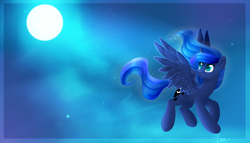 Size: 3500x2000 | Tagged: safe, artist:snowsky-s, character:princess luna, species:alicorn, species:pony, cute, female, flying, full moon, high res, lunabetes, mare, moon, night, night sky, sky, solo, stars
