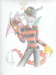 Size: 900x1193 | Tagged: safe, artist:lordvader914, character:discord, cosplay, freddy krueger, male, nightmare on elm street, solo, traditional art
