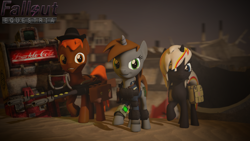 Size: 2120x1192 | Tagged: safe, artist:longsword97, oc, oc only, oc:calamity, oc:littlepip, oc:velvet remedy, species:pegasus, species:pony, species:unicorn, fallout equestria, 3d, battle saddle, clothing, fanfic, fanfic art, female, gmod, gun, hat, male, mare, pipbuck, ruins, stallion, vault suit, wasteland, weapon