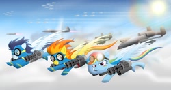 Size: 1700x900 | Tagged: safe, artist:gonein10seconds, character:rainbow dash, character:soarin', character:spitfire, a-10 thunderbolt ii, aircraft, autocannon, f-22 raptor, flying, gau-8, glare, goggles, grin, jet, jet fighter, military, minigun, plane, pure awesome, rocket pods, smiling, spread wings, weapon, wings, wonderbolts
