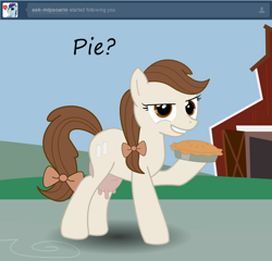 Size: 600x576 | Tagged: safe, artist:scribblez, character:soarin', oc, oc:creamy white, species:cow, bow, cow pony, creamy and friends, pie, tumblr, udder