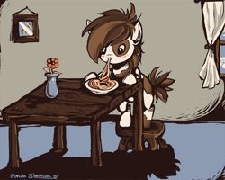 Size: 1000x800 | Tagged: safe, artist:mocha-shortcake, character:pipsqueak, species:pony, bipedal, bipedal leaning, blushing, cute, eating, flower, male, pipsqueak eating spaghetti, smiling, solo, spaghetti, stool, table