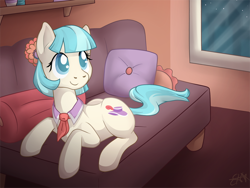 Size: 800x600 | Tagged: safe, artist:oemilythepenguino, character:coco pommel, couch, female, pillow, prone, solo, window