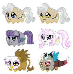 Size: 1600x1634 | Tagged: safe, artist:linamomoko, character:discord, character:fleur-de-lis, character:gilda, character:maud pie, character:mayor mare, species:griffon, chubbie, :3, chibi, cute, discute, fleurabetes, gildadorable, maudabetes, mayorable, potato, simple background, spread wings, transparent background, wings