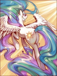 Size: 2000x2666 | Tagged: safe, artist:chio-kami, character:princess celestia, species:alicorn, species:pony, g4, female, flying, high res, mare, missing accessory, plot, rear view, solo, spread wings, sunbutt, sunrise, underhoof, windswept mane, wings