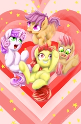 Size: 1370x2080 | Tagged: safe, artist:baitoubaozou, character:apple bloom, character:babs seed, character:scootaloo, character:sweetie belle, species:earth pony, species:pegasus, species:pony, species:unicorn, cutie mark crusaders, female, filly, fluttering, the powerpuff girls