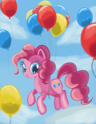 Size: 700x900 | Tagged: safe, artist:warfost, character:pinkie pie, balloon, female, gift art, solo, then watch her balloons lift her up to the sky