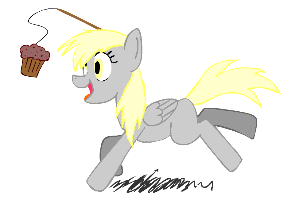 Size: 1000x727 | Tagged: safe, artist:poniker, character:derpy hooves, species:pegasus, species:pony, animated, carrot on a stick, female, mare, muffin, that pony sure does love muffins