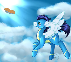 Size: 900x783 | Tagged: safe, artist:mdragonflame, character:soarin', flying, male, pie, solo, that pony sure does love pies, wonderbolts uniform