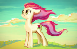 Size: 1600x1019 | Tagged: safe, artist:lis-alis, character:roseluck, species:earth pony, species:pony, cloud, cute, female, floppy ears, looking away, looking up, mare, smiling, solo, standing, windswept hair, windswept mane