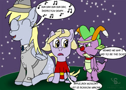 Size: 1386x992 | Tagged: safe, artist:scyphi, character:derpy hooves, character:dinky hooves, character:spike, cosplay, inspector gadget, red nose