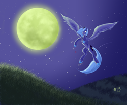 Size: 1744x1444 | Tagged: safe, artist:sagebrushpony, character:princess luna, species:alicorn, species:pony, female, flying, glowing eyes, mare, moon, night, s1 luna, solo, spread wings, stars, wings