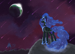 Size: 2160x1556 | Tagged: safe, artist:sagebrushpony, character:nightmare moon, character:princess luna, species:alicorn, species:pony, g4, angry, banished, female, mare, meteor shower, moon, night sky, sky, solo