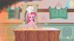 Size: 1920x1080 | Tagged: safe, artist:sagebrushpony, character:gummy, character:pinkie pie, species:earth pony, species:pony, apron, baking, bipedal, chef's hat, clothing, cooking, female, fire, food, hat, kitchen, mare, rolling pin, tongue out, wallpaper