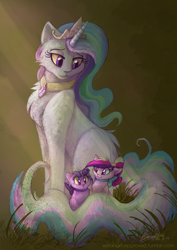 Size: 1000x1415 | Tagged: safe, artist:elbdot, character:princess cadance, character:princess celestia, character:twilight sparkle, character:twilight sparkle (alicorn), species:alicorn, species:pony, :3, :<, bow, cat, catdance, catified, catlestia, chest fluff, choker, crepuscular rays, cute, cutedance, cutelestia, elbdot is trying to murder us, fanfic, fanfic art, fanfic cover, featured on derpibooru, female, fluffy, horn, kitten, lidded eyes, momlestia, necklace, simple background, sitting, smiling, species swap, sweet dreams fuel, tiara, twiabetes, twilight cat, weapons-grade cute, wide eyes