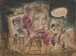 Size: 2102x1552 | Tagged: safe, artist:obsequiosity, character:fluttershy, character:pinkie pie, abstract, andrea libman, art, canvas, dialogue, speech bubble, traditional art, voice actor joke