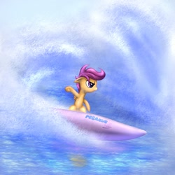 Size: 1000x1000 | Tagged: safe, artist:rayhiros, character:scootaloo, species:pegasus, species:pony, awesome, female, filly, ocean, solo, summer, surfboard, surfing, water, wave, wet mane